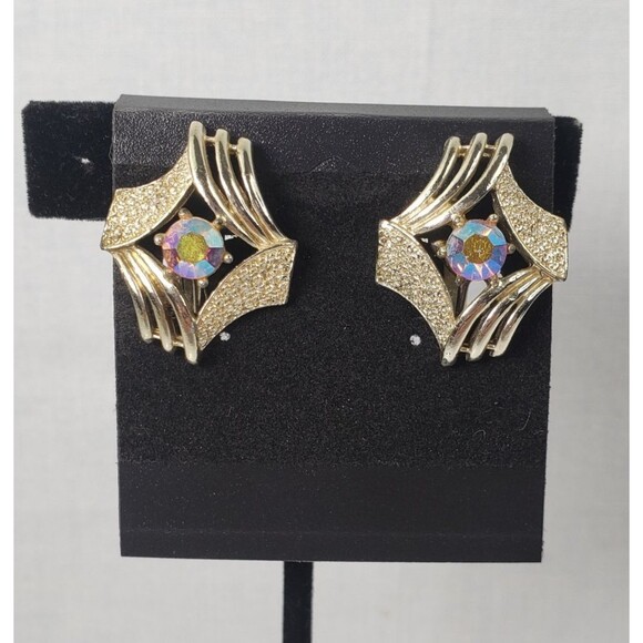 Vtg 1960's Coro Silver Tone With Pronged Aurora Borealis Stone Clip On Earrings - Picture 1 of 12